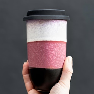 12oz Ceramic Travel Mug with Lid & Heatband – Reusable Pottery Coffee Tumbler – Eclipse Mug – Gift for Coffee Lovers – To Go Cup