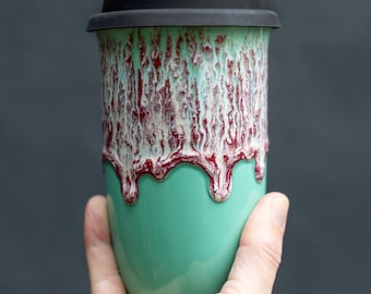 16oz Ceramic Travel Mug with Lid & Heatband – Reusable Pottery Coffee Cup, Nebula Glaze, Eco To Go Mug, Ceramic Keep Cup Gift