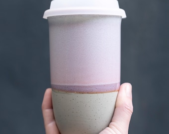 Mug de voyage en céramique avec couvercle et bande chauffante en silicone, gobelet en céramique de 46 oz, tasse à café Pottery to go, cadeau pour les amateurs de café, horizon