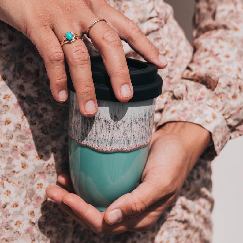 12oz Ceramic Travel Mug with Silicone Lid & Heat Band – Reusable Pottery Coffee Cup, Gift for Coffee Lovers, Nebula, Eco Mug image 6