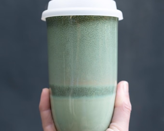 Ceramic Travel Mug With Silicone Lid And Heatband, 16oz Ceramic Tumbler, Pottery To Go Coffee Mug, Gift for Coffee Lovers, Emerald