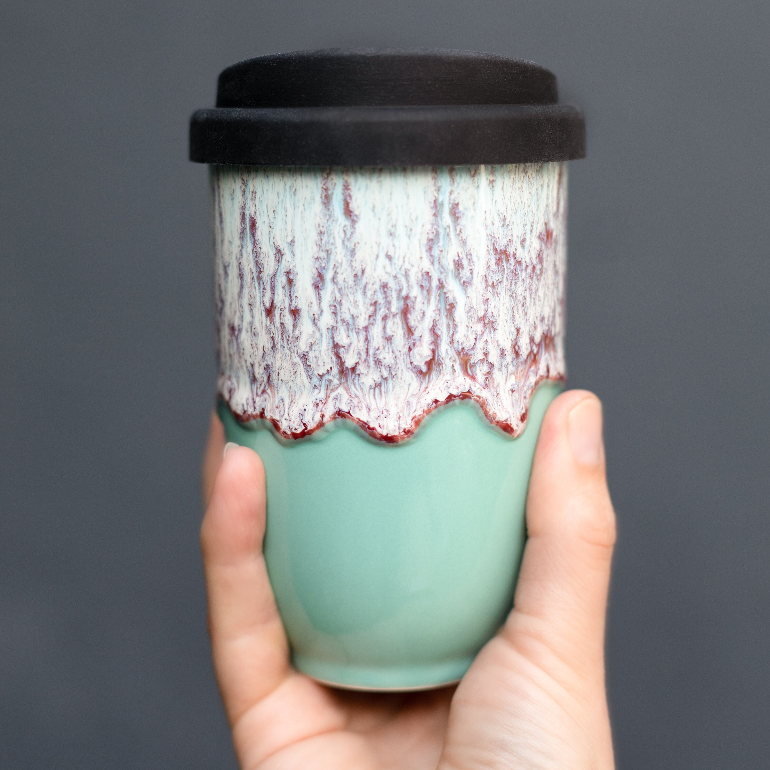 Ceramic Coffee Travel mug with handle, Amethyst Purple with black lid  pottery - BlueRoomPottery plus (+)