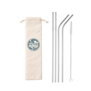May include: A set of two straight and two bent stainless steel straws, a thin wire cleaning brush, and a beige fabric drawstring pouch featuring a circular blue logo with the text NOVA CERAMICS printed in the centre of the pouch.