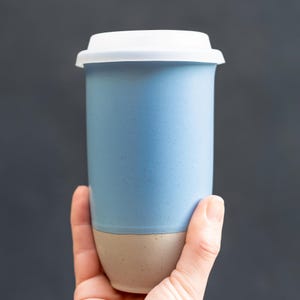 12oz Ceramic Travel Mug with Lid | Coastal Drift Reusable Coffee Cup | Pottery Tumbler with Heat Band | Eco Gift for Coffee Lovers