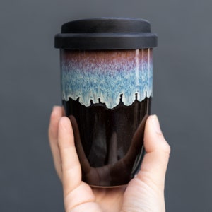 Reusable Ceramic Travel Mug with Silicone Lid – 12oz Handmade Coffee Cup Gift, Eco-Friendly Pottery Tumbler for Coffee Lovers