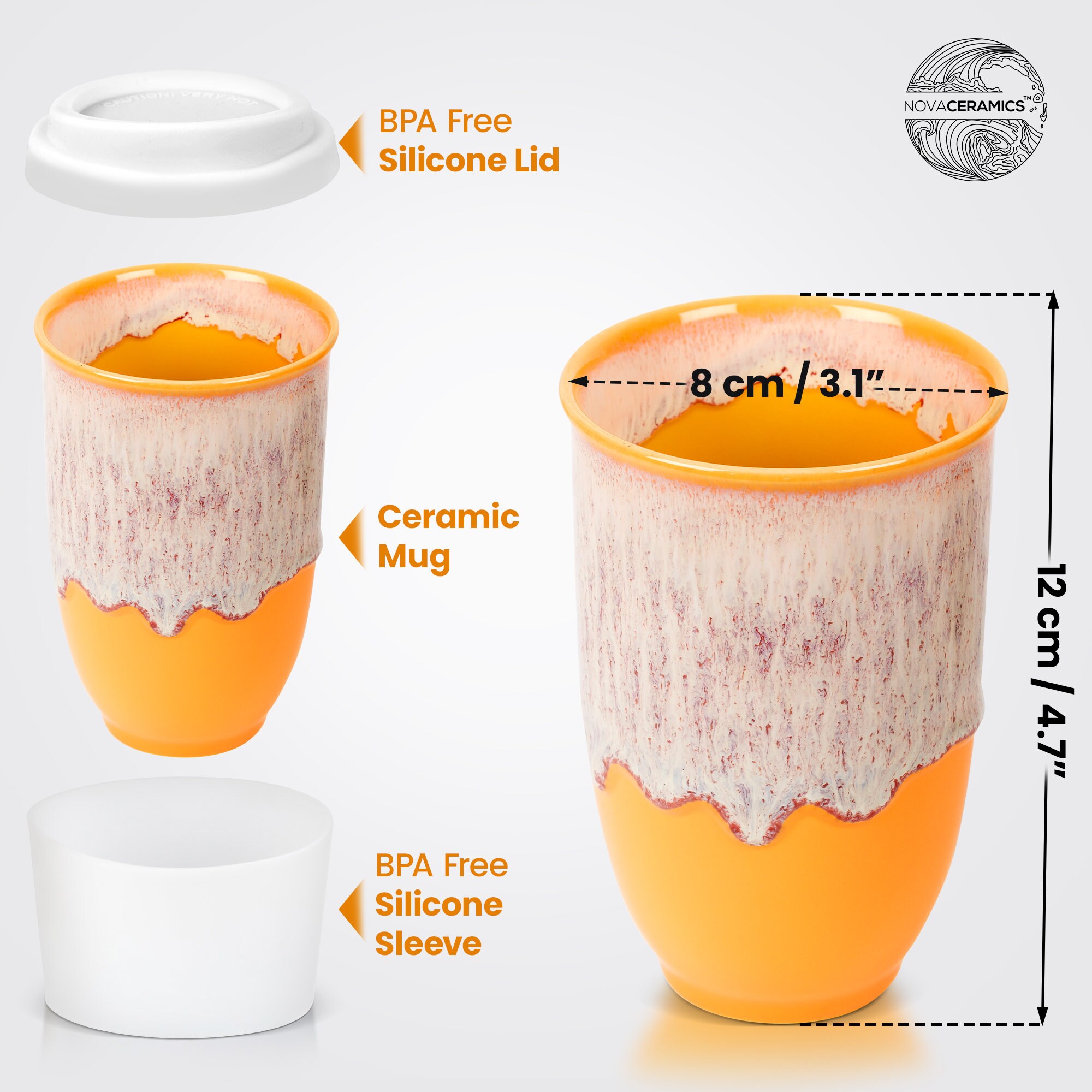 Ceramic Coffee Mug With Silicone Lid and Heatband, Travel Coffee