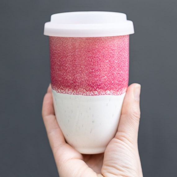 Coral Ceramic Travel Mug 12oz with Silicone Lid & Band – Reusable Pottery Coffee Cup Gift for Coffee Lovers | Eco Friendly To-Go Tumbler