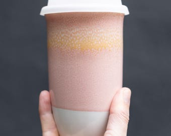 Ceramic Travel Mug With Silicone Lid And Heatband, 16oz Ceramic Tumbler, Pottery To Go Coffee Mug, Gift for Coffee Lovers, Afterglow