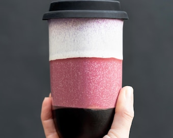 Eclipse Ceramic Travel Mug with Lid & Heatband – 16oz Reusable Coffee Tumbler – Pottery To-Go Cup Gift for Coffee Lovers, Dishwasher Safe