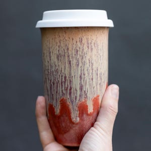 Reusable Ceramic Travel Mug 16oz with Lid | Pottery Coffee Cup with Silicone Band | Gift for Coffee Lovers | Dishwasher Safe Tumbler