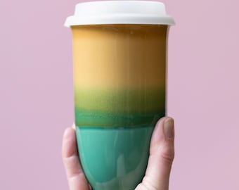 Savannah Ceramic Travel Mug with Silicone Lid & Band – 16oz Pottery Coffee Tumbler, Reusable To-Go Mug, Gift for Coffee Lovers