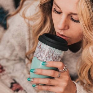 12oz Ceramic Travel Mug with Silicone Lid & Heat Band – Reusable Pottery Coffee Cup, Gift for Coffee Lovers, Nebula, Eco Mug image 7