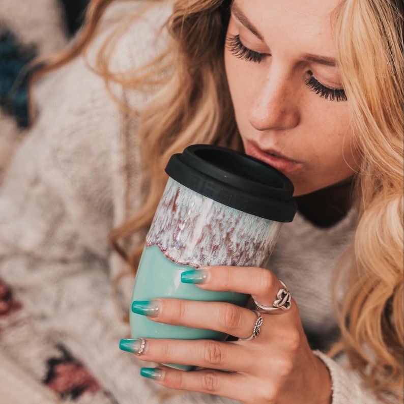 12oz Ceramic Travel Mug with Silicone Lid & Heat Band – Reusable Pottery Coffee Cup, Gift for Coffee Lovers, Nebula, Eco Mug image 7