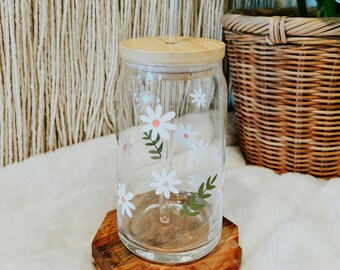 Tazza di vetro fiore / Tazza di caffè ghiacciato con coperchio e cannuccia / Vetro estetico / Tazza di vetro di bambù / Tazza margherita / Vetro lattina floreale / Tazza di vetro caffè