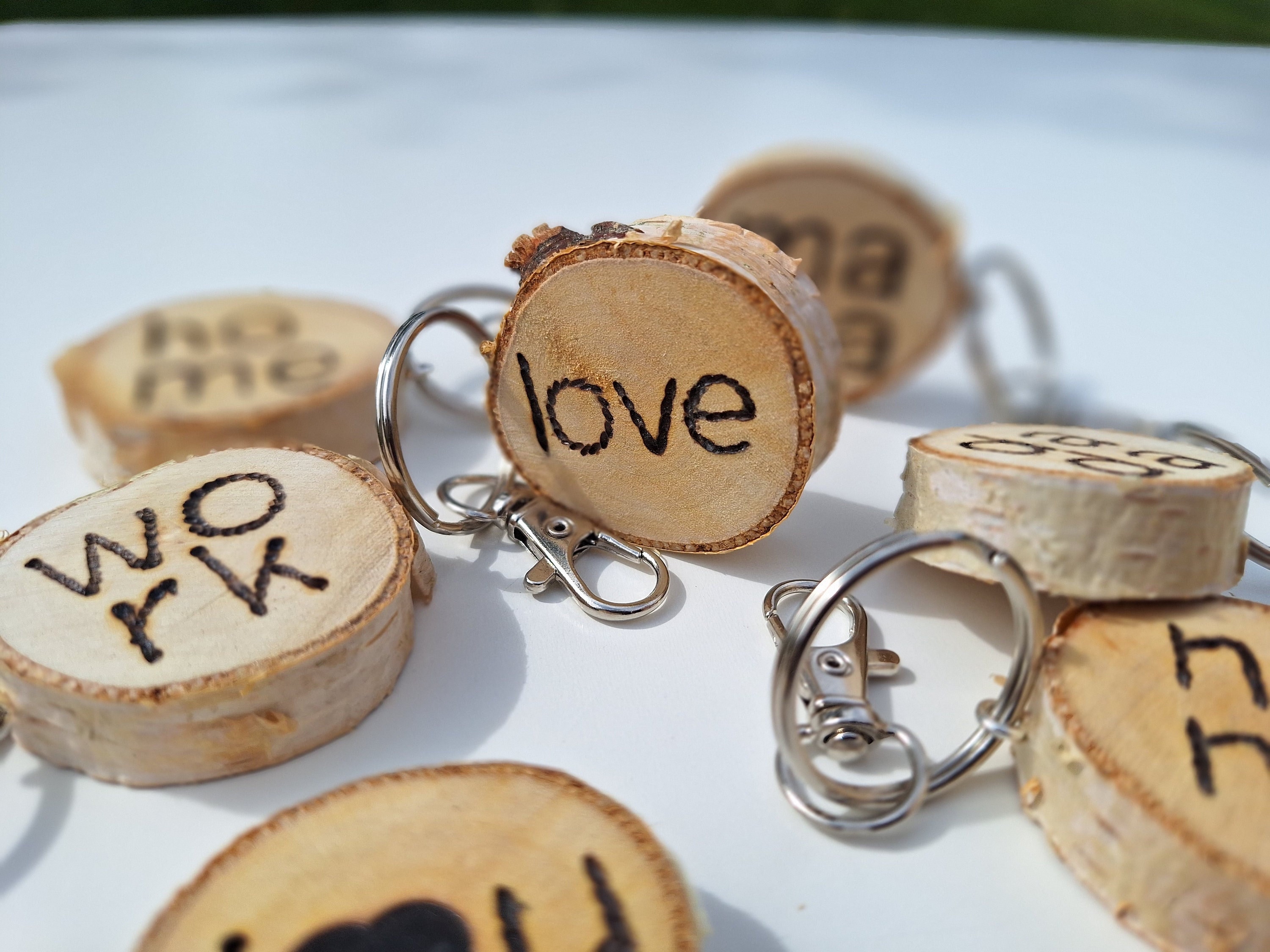 Wooden slice Keychain - Handmade from Authentic Birch Wood Slices, Rustic keychain, Natural wood, Engraved by Hand.