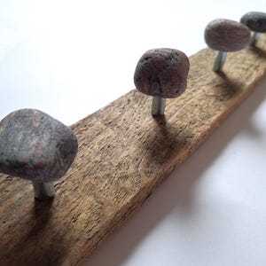 May include: A wall-mounted rack featuring a long, rectangular piece of weathered brown wood. Five smooth, rounded, dark grey and brown stones are attached to the wood by silver-toned metal posts, functioning as individual hooks for hanging items.