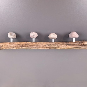 Może przedstawiać: Drewniany wieszak na ubrania z czterema kamiennymi gałkami. Drewno jest w naturalnym brązowym kolorze, a kamienie są jasnoszare.