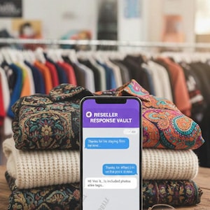 May include: A stack of folded patterned textiles and a cream-colored sweater sits on a wooden surface. A smartphone displays a chat with the text "RESELLER RESPONSE VAULT". A pair of glasses and a document are also on the table.