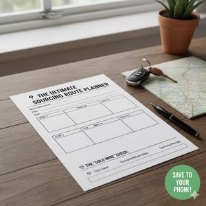 Könnte beinhalten: Ein weißes "The Ultimate Sourcing Route Planner" Blatt mit schwarzem Text und Linien, ein Stift, Schlüssel und eine Karte auf einer Holzoberfläche. Ein grüner Kreis mit weißem Text lautet "SAVE TO YOUR PHONE!"