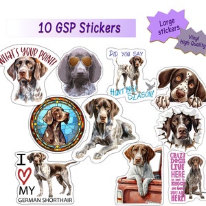 May include: Ten German Shorthaired Pointer dog stickers. The stickers feature different images of the dogs, including a dog wearing sunglasses, a dog with a stained glass background, and a dog peeking out of a torn piece of paper. The stickers are printed on high quality vinyl.