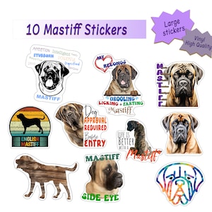 Mastiff Stickers - Perfect English Mastiff Gift - Ten Waterproof, Durable, Stickers for Laptop, Car, Water Bottles,  Party Favors