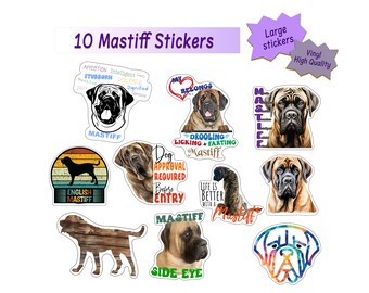 Mastiff Stickers - Perfect English Mastiff Gift - Ten Waterproof, Durable, Stickers for Laptop, Car, Water Bottles,  Party Favors