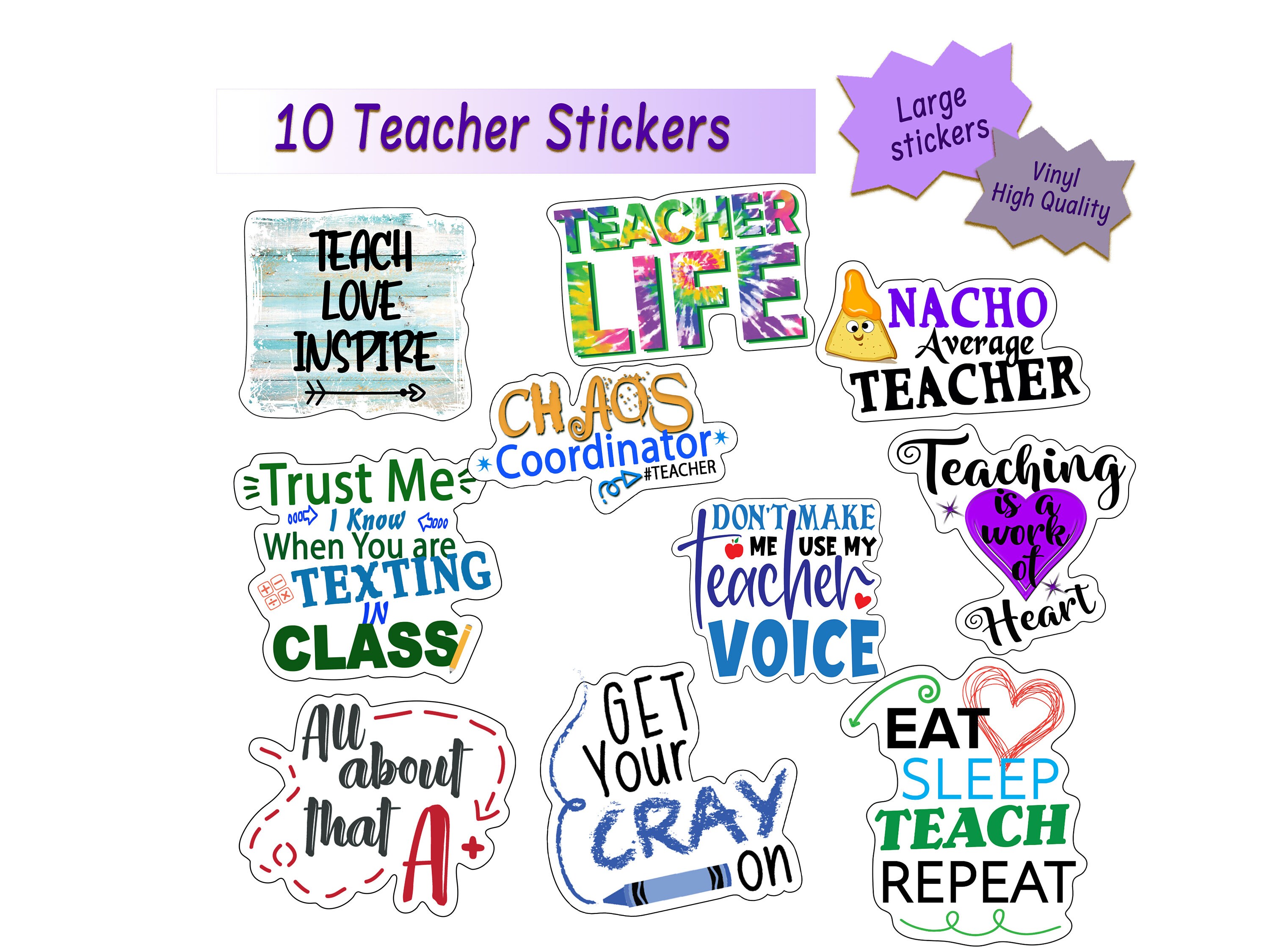 Perfect Teacher Gift - Ten Cute Teacher Stickers Waterproof, Durable, Stickers for Laptop, Car, Water Bottles,  Party Favors for Birthday