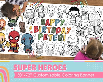 May include: A large, white colouring banner featuring a variety of superhero characters from the Marvel universe. The banner is 76 cm by 183 cm and includes the text "HAPPY BIRTHDAY PETER!" in colourful letters. The banner is perfect for a superhero-themed birthday party.