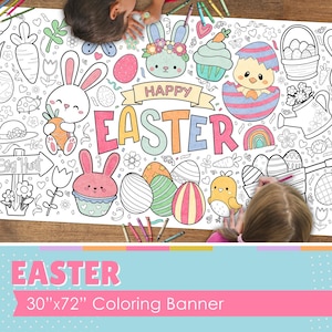 May include: A large, white coloring banner with an Easter theme. The banner features a variety of Easter-themed illustrations, including bunnies, eggs, chicks, and flowers. The banner is 30 inches by 72 inches and is perfect for coloring with crayons, markers, or colored pencils.