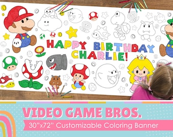Giant CUSTOMIZABLE "Super Video Game Brothers" Coloring Banner | 6 Feet Long | 30" x 72" inches | Huge Table Covering to Color