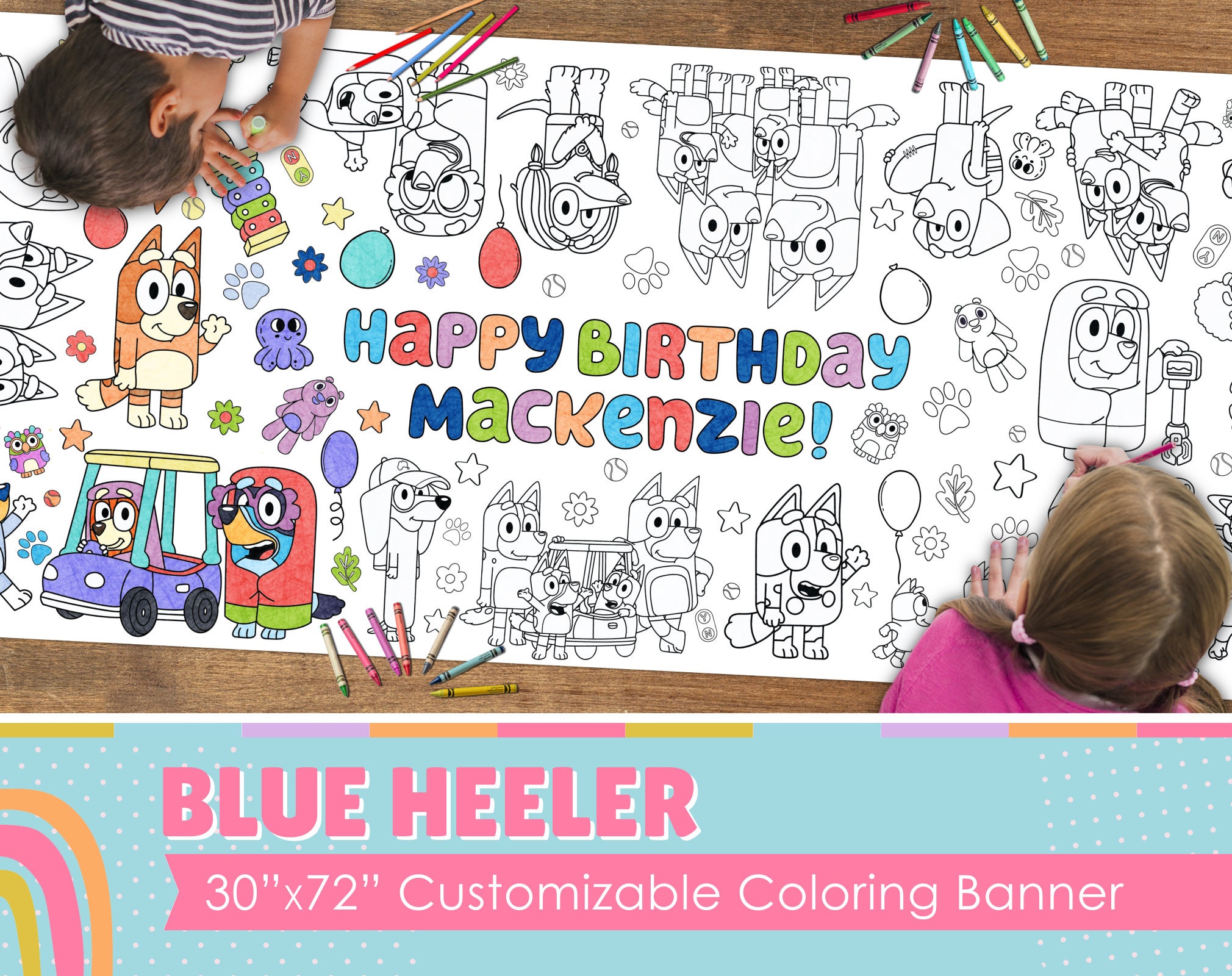 GIANT CUSTOMIZABLE "Blue Heeler Family" Coloring Banner | 6 Feet Long | 30" x 72" inches | Huge Table Covering to Color