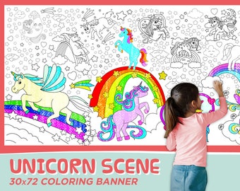 Giant Unicorn Scene Coloring Banner | 6 Feet Long | 30" x 72" inches | Huge Table Covering to Color | SD#011