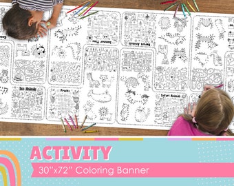 GIANT ACTIVITY Coloring Banner | Huge Table Covering | Connect the Dots, Mazes, Crossword Puzzles | 6 Feet Long | 30" x 72" inches | SD#006