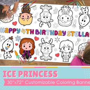 May include: A white coloring banner featuring characters from the movie Frozen. The banner is 30 inches by 72 inches and says "Happy 4th Birthday Stella!"  It is customizable and can be colored in with crayons or markers.