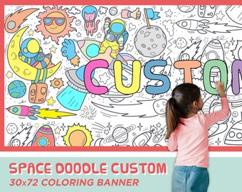 Space Doodle Coloring Page Banner with Custom Name