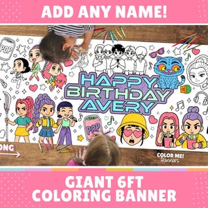 May include: A large, white coloring banner with the text "HAPPY BIRTHDAY AVERY" and cartoon characters. The banner is 72 inches long and features the text "ADD ANY NAME!" and "GIANT 6FT COLORING BANNER".