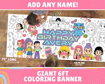 GIANT KPop Characters Coloring Banner | Customizable 6 Feet Long | 30" x 72" inches | Huge Table Covering to Color | K-Pop Birthday Coloring