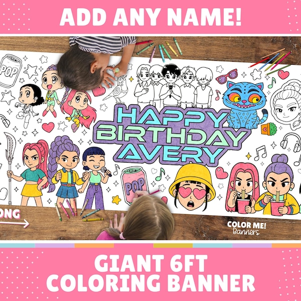 GIANT KPop Characters Coloring Banner | Customizable 6 Feet Long | 30" x 72" inches | Huge Table Covering to Color | K-Pop Birthday Coloring