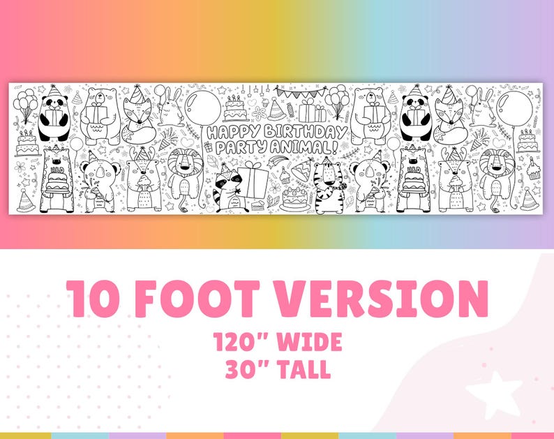 GIANT Party Animal Coloring Poster Banner | Table Cover with Custom Name | Birthday Theme Tablecloth 30" x 72" inches 10ft