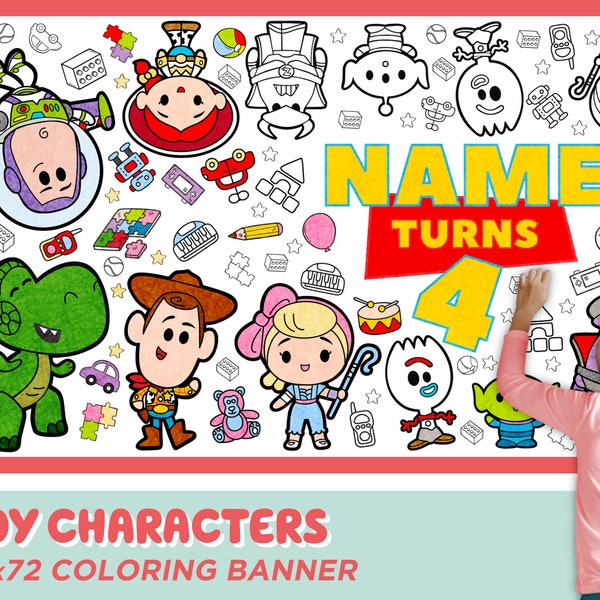 Giant CUSTOMIZABLE "Toy Characters" Coloring Banner | 6 Feet Long | 30" x 72" inches | Huge Table Covering to Color