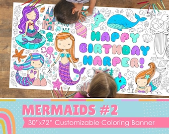 Mermaids Coloring Banner | Giant Birthday Party Tablecloth (30" x 72")