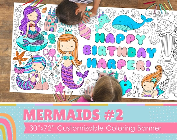 GIANT Mermaids Coloring Banner Poster | 6 Feet Long | 30" x 72" inches | Huge Tablecloth Covering to Color for Birthdays