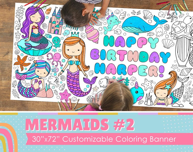 Pode incluir: Uma grande faixa branca para colorir com sereias, criaturas marinhas e um castelo. A faixa mede 76 cm por 183 cm e tem o texto "Happy Birthday Harper!" impresso nela.