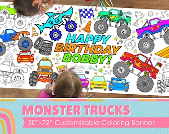 Giant Monster Trucks Coloring Banner | Birthday Party Table Decor