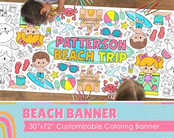 GIANT Summer Beach Coloring Banner | Paper Tablecloth | Summer Party Decorations | 30" x 72" inches