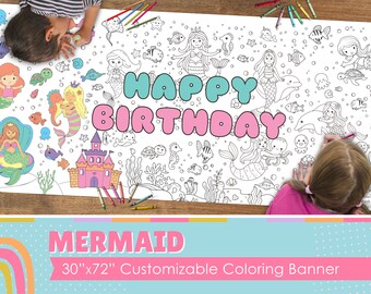 GIANT Mermaid Coloring Banner Poster or Table Cover | Tablecloth for Birthdays | Party Decorations | 30" x 72" inches