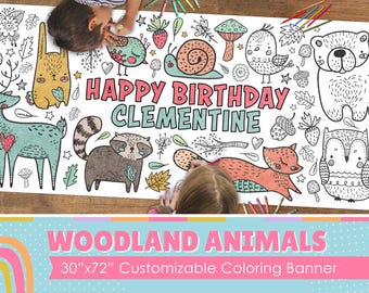 Giant Woodland Animals Coloring Poster Banner: Custom Birthday Table Cover