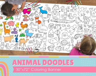 GIANT Animals Coloring Banner or Table Cover | Paper Coloring Tablecloth | Kids Coloring Activity | 30&quot; x 72&quot; inches
