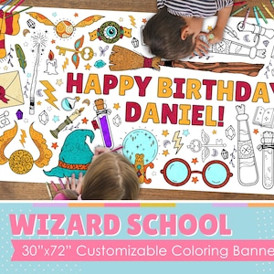 May include: A white coloring banner with a wizard school theme. The banner features a variety of illustrations, including a wand, a broom, a hat, a key, a book, and a potion bottle. The banner also includes the text "Happy Birthday Daniel!" and "Wizard School 30"x72" Customizable Coloring Banner".