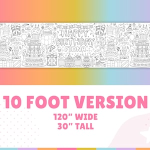 May include: A black and white printable birthday banner featuring a doodle design with a variety of birthday-themed elements, including presents, balloons, cake, and party hats. The banner reads "Happy Birthday Fiona". The banner is 120 inches wide and 30 inches tall.